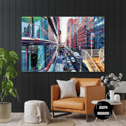 modern buildings city view traffic decorative roll up canvas, stretched canvas art, framed wall art painting
