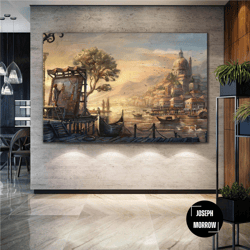 modern city life oil painting effect city painter ship dock landscape roll up canvas, stretched canvas art, framed wall