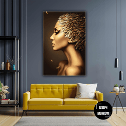 nature woman model makeup hairdresser with golden feather hair roll up canvas, stretched canvas art, framed wall art pai