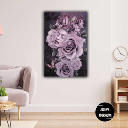 nature woman pink lilac rose head woman decorative modern roll up canvas, stretched canvas art, framed wall art painting