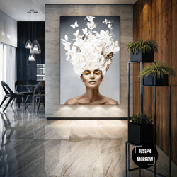 nature woman wall art, white rose head canvas art, living room wall decor, roll up canvas, stretched canvas art, framed