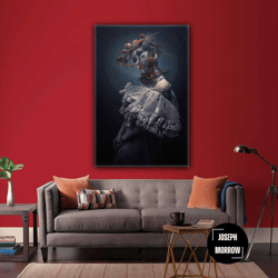 nature woman with flower hair in lace dress face painted masked model woman roll up canvas, stretched canvas art, framed