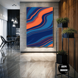navy blue and orange wall art, marbling canvas art, abstract wall decor, roll up canvas, stretched canvas art, framed wa