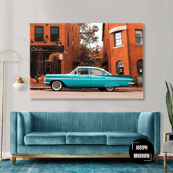 nostalgic blue car on city roll up canvas, stretched canvas art, framed wall art painting