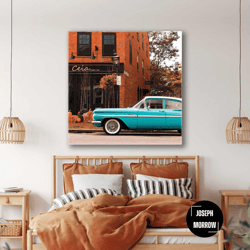 nostalgic blue car roll up canvas, stretched canvas art, framed wall art painting
