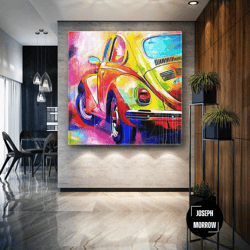 nostalgic car canvas art, yellow beetle wall decor, legendary car, roll up canvas, stretched canvas art, framed wall art
