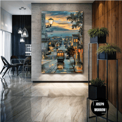 nostalgic city wall art, street canvas art, tram wall decor, roll up canvas, stretched canvas art, framed wall art paint