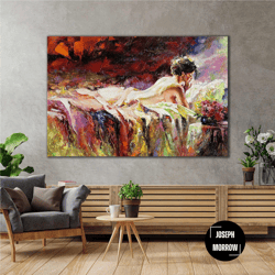 nude nude woman lying in bed with oil painting effect roll up canvas, stretched canvas art, framed wall art painting
