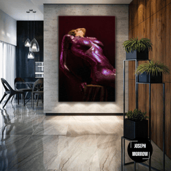 nude wall art, pink glitter detail, sexy woman wall decor, roll up canvas, stretched canvas art, framed wall art paintin