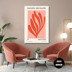 orange coral wall art, leaves canvas art, matisse, boho wall art decor, roll up canvas, stretched canvas art, framed wal
