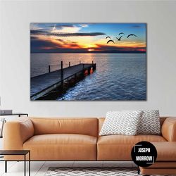 pier sunset sea seagulls landscape flying roll up canvas, stretched canvas art, framed wall art painting