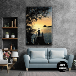 pier woman sunset landscape nature sea dock beach ship roll up canvas, stretched canvas art, framed wall art painting