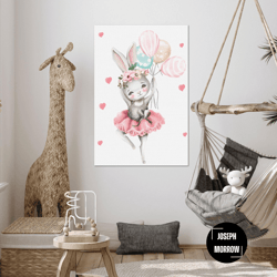 pink balloon wall art, ballerina bunny canvas art, kids room wall decor, roll up canvas, stretched canvas art, framed wa