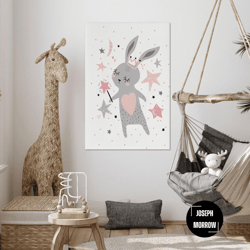 pink crowned rabbit wall art, baby room decor, kids room wall decor, roll up canvas, stretched canvas art, framed wall a