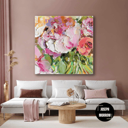 pink flower bouquet brush traces plant roll up canvas, stretched canvas art, framed wall art painting
