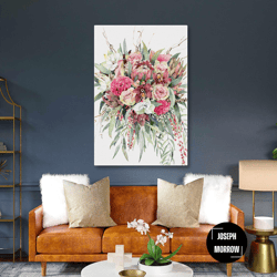 pink flower wall art, bouquet canvas art, living room wall decor, roll up canvas, stretched canvas art, framed wall art