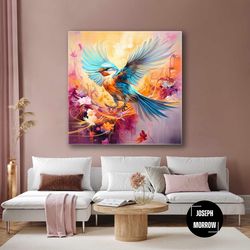 pink flowers around yellow bird with blue wings roll up canvas, stretched canvas art, framed wall art painting