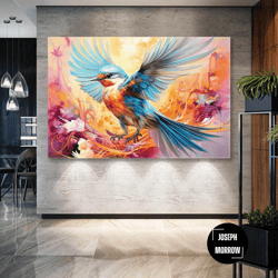pink flowers around yellow bird with blue wings roll up canvas, stretched canvas art, framed wall art painting-1