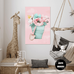pink flowers bucket wall art, garden shovel canvas art, kids room wall decor, roll up canvas, stretched canvas art, fram