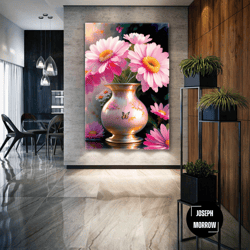 pink flowers wall art, gold detail wall decor, daisy wall art, roll up canvas, stretched canvas art, framed wall art pai