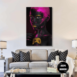 pink hair wall art, gold makeup canvas art, woman wall art decor, roll up canvas, stretched canvas art, framed wall art