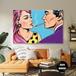 pink haired model and blue haired man pop art love roll up canvas, stretched canvas art, framed wall art painting