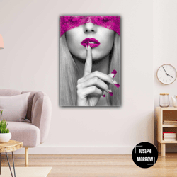 pink lipstick lace blindfolded shush sign woman roll up canvas, stretched canvas art, framed wall art painting