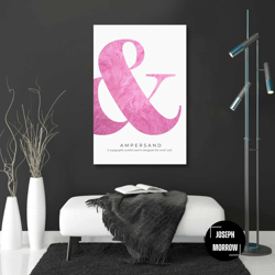 pink plush wall art, ampersand canvas art, typographic wall decor, roll up canvas, stretched canvas art, framed wall art