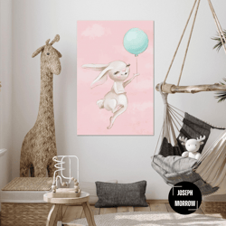 pink rabbit wall art, blue balloon canvas art, kids room wall decor, roll up canvas, stretched canvas art, framed wall a