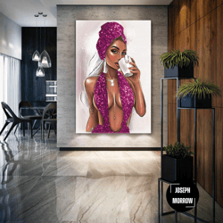 pink wall art, sexy woman canvas art, woman wall art, coffee wall decor, roll up canvas, stretched canvas art, framed wa