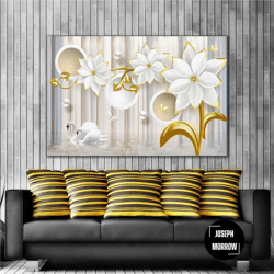 porcelain swan gold branched pearl flower modern decoration roll up canvas, stretched canvas art, framed wall art painti