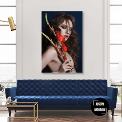 red flower wall art, red lipstick canvas art, woman wall art decor, roll up canvas, stretched canvas art, framed wall ar