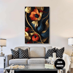 red flower with blue leaves gold details decorative roll up canvas, stretched canvas art, framed wall art painting