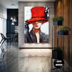 red hat woman wall art, elegant wall decor, living room wall art, roll up canvas, stretched canvas art, framed wall art