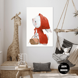 red hood rabbit wall art, picnic basket canvas art, kids room wall decor, roll up canvas, stretched canvas art, framed w