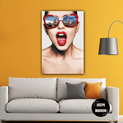 retro female model with red lipstick glasses roll up canvas, stretched canvas art, framed wall art painting-3