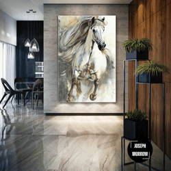 running white noble horse with flying manes roll up canvas, stretched canvas art, framed wall art painting