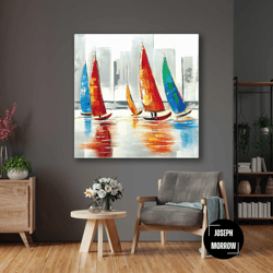 sailboats floating in front of cityscape roll up canvas, stretched canvas art, framed wall art painting-1