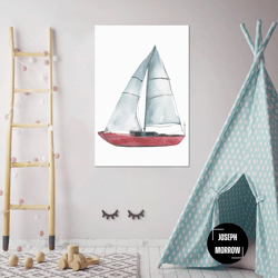 sailing red ship wall art, kids room wall decor, cute ship wall art, roll up canvas, stretched canvas art, framed wall a