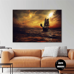 sailing ship at sea at sunset roll up canvas, stretched canvas art, framed wall art painting