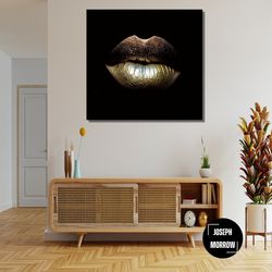 black background golden lips ready to hang canvas, canvas lips photo lips artwork kiss print art sparkles lips decor gli