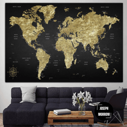 classic world map black print gold and bronze print on canvas original map multi panel print wall hanging decor for offi