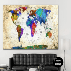large push pin world map print on canvas colorful map of the world poster wall hanging decor educational world map print