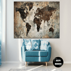large push pin world map print on canvas vintage style map of the world poster multi panel wall art educational poster f