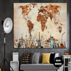 large world map canvas wall art orange and brown map of the world multi panel print travel wall hanging decor for office