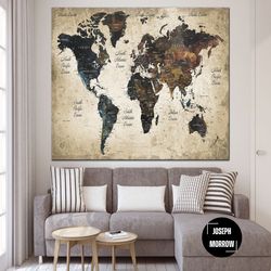 old world push pin maps vintage wall art brown print photo print on canvas original room wall art printed world map phot