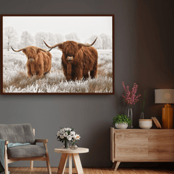 scottish highland cow, animal canvas, nature poster, close up brown highland cow, modern canvas, office descor