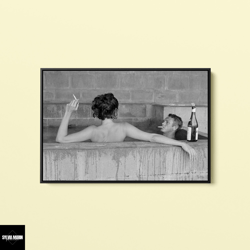 steve mcqueen with wife champagne bath canvas , american actors poster