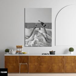 woman drinking wine in bed art, feminist poster, black and white, alcohol canvas, bar cart print, girl room descor