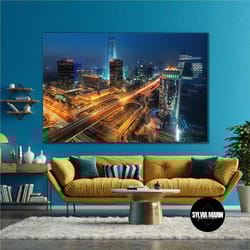 city illuminated by night lights roll up canvas, stretched canvas art, framed wall art painting